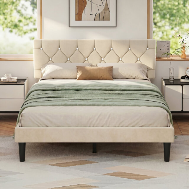 Double Size Velvet Upholstered Platform Bed Frame With Diamond Tufted Headboard, Strong Wood Slats Support, No Box Spring Needed, Easy to Assemble