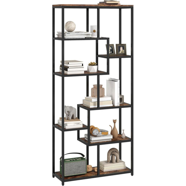 7-Tier Bookshelf Geometric Bookcase Industrial Floor Standing Book Shelf Rustic Brown and Black