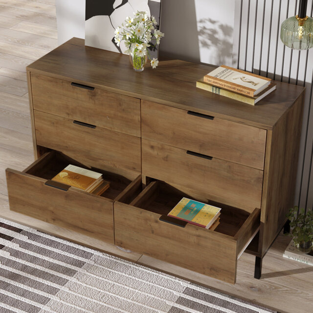 6 Drawers Sideboard Cabinet, Wooden Chest of Drawers with Metal Frame, Dark Oak, 120 x 40 x 76 cm