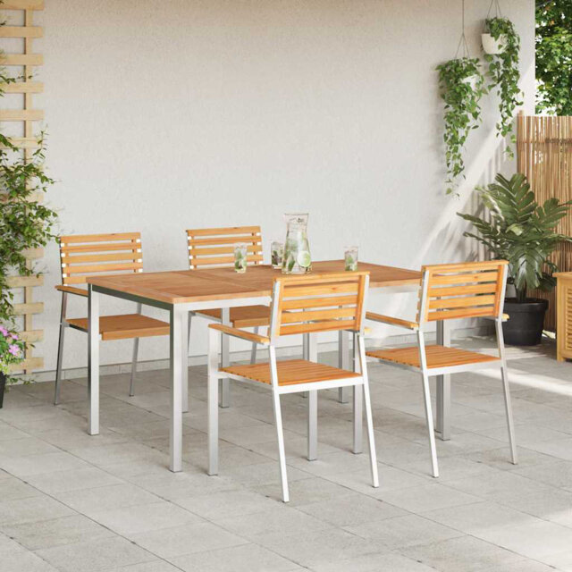Garden Dining Set 5 Pcs Solid Teak Wood & Stainless Steel