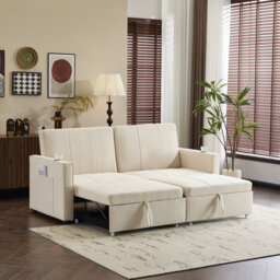 Beige Fabric 207cm King Size Independent Pull Out Sofa Bed with Cup Holders, Side Pockets