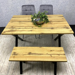 Brown Wooden Dining Table with 2 Grey Velvet Chairs and Bench - Dining Kitchen Room Furniture