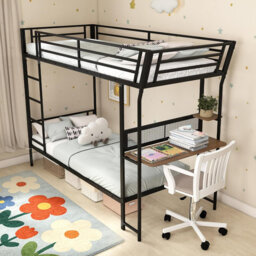 Bunk Bed Single over Single Loft Bed with Wooden Tabletop & Shelf