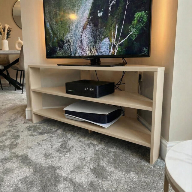 Sage Green Corner Tv Unit Space Saving Media Stand With Shelving For Living Room Bedroom Or Apartment H45 X W110 X D36cm