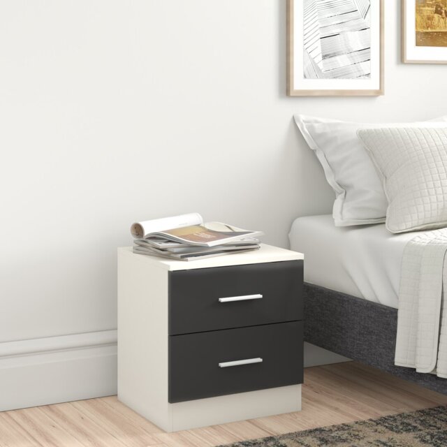 Eva High Gloss 2 Drawer Bedside Table - H: 48.5cm x D: 39.5cm x W: 45cm