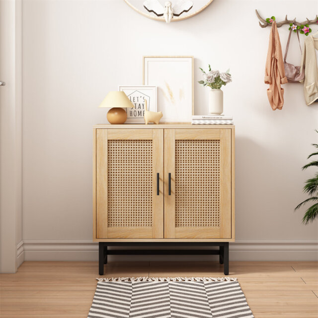 Rattan Storage Cabinet, 2-Door Wooden Buffet Sideboard,Freestanding Cupboard For Kitchen Dining Living Room