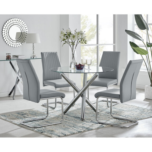 Seline Modern Round Dining Table Set in Glass and Chrome with 4 Upholstered Faux Leather Chairs