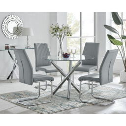 Seline Modern Round Dining Table Set in Glass and Chrome with 4 Upholstered Faux Leather Chairs
