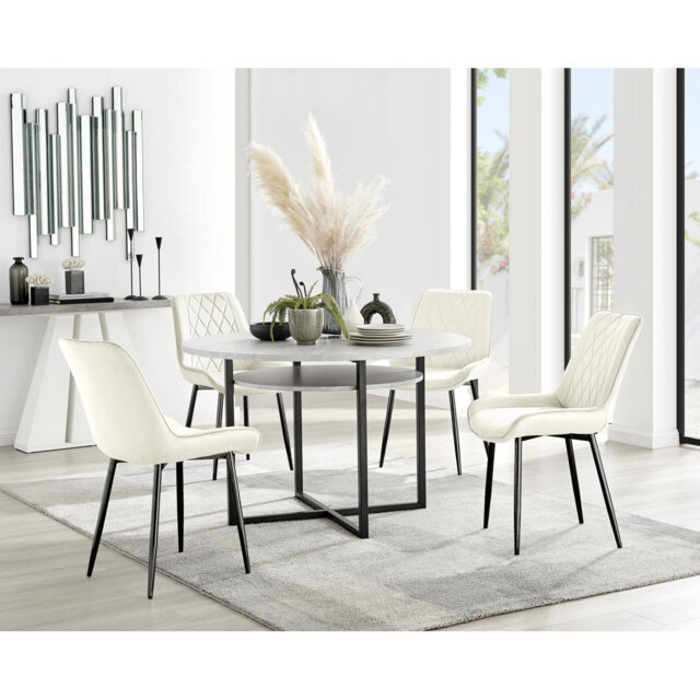 Adler Modern Concrete Effect Round Dining Table Set with Shelf & 4 Luxury Velvet Dining Chairs