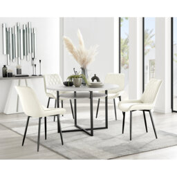 Adler Modern Concrete Effect Round Dining Table Set with Shelf & 4 Luxury Velvet Dining Chairs