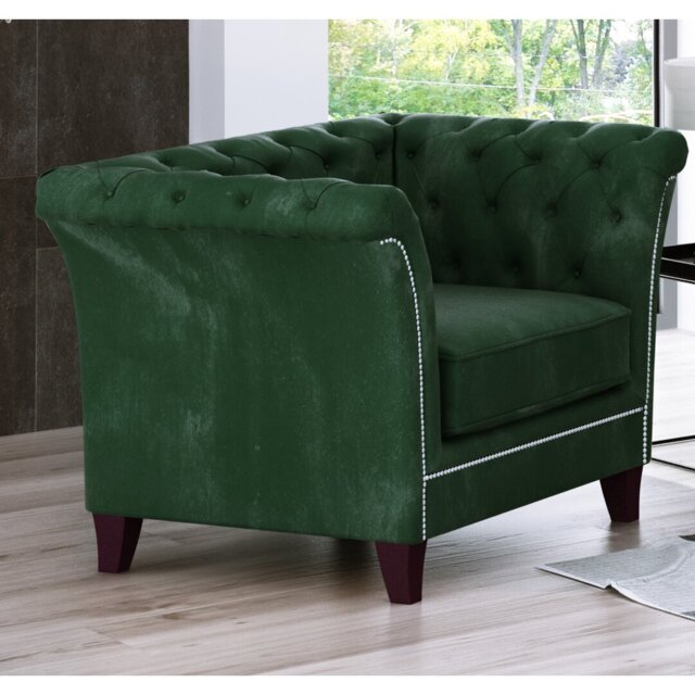 Chesterfield Armchair Made of Velvet Fabric with Solid Wood Legs