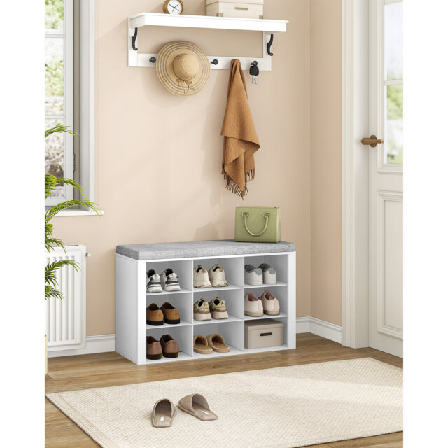 Shoe Storage Bench with Padded Seat, Shoe Rack Bench with 9 Open Compartments, Adjustable Shelves, Shoes Cabinet with Cushion for Hallway, Living Room
