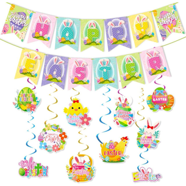 Easter Banner Decorations Hanging Swirl Decorations With Bunny Eggs, Paper Easter Bunting Bunny Egg Hunt Decorations For Home Party Garden