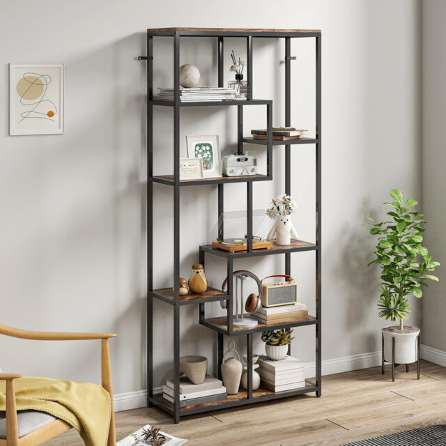 Bookshelf, Geometric Bookcase, Industrial Floor Standing Book Shelf, Open Display Shelving Unit For Living Room, Home Office And Bedroom