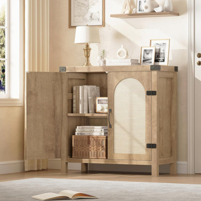 Farmhouse Boho Rattan Entryway Storage Cabinet – Adjustable Shelves, Spacious Buffet Sideboard, Accent Credenza for Kitchen, Dining, Living Room – Bla