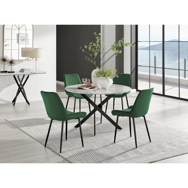 Tierra Modern Chrome Metal & Glass Round Dining Table Set with 6 Luxury Faux Leather Chairs