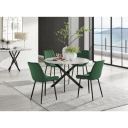 Tierra Modern Chrome Metal & Glass Round Dining Table Set with 6 Luxury Faux Leather Chairs