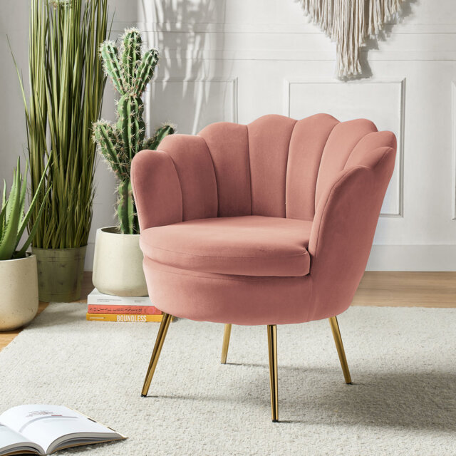 Donata  Modern Velvet Barrel Chair with Channel Tufted Back and Scalloped Seashell Edges