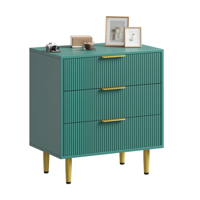 Fluted 3-Drawer Modern Chest of Drawers with Metal Handles & Feet - Anti-Tip Wooden Storage Dresser for Bedroom, Living Room, Hallway & Apartment