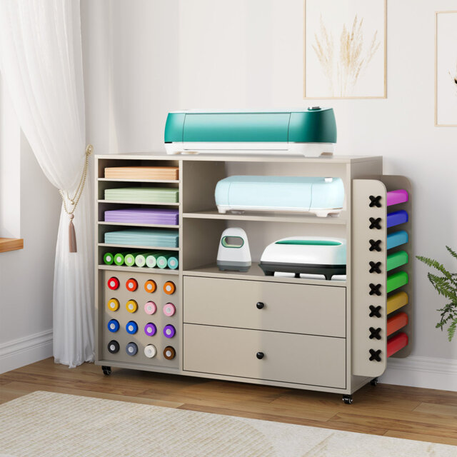 Rolling Craft Cart with 2 Drawers & 24 Vinyl Roll Holders – Craft Storage Organizer on Wheels for Craft Room, DIY Projects, Grey