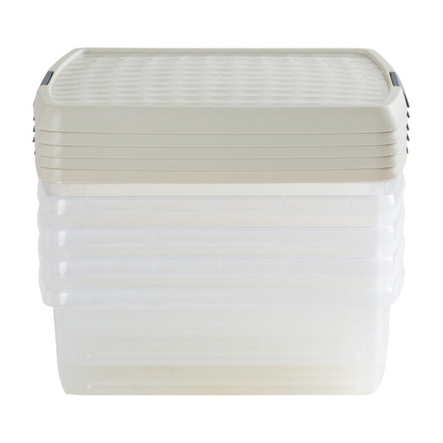 Wham Clip 5x 13.2L Square Plastic Storage Boxes with Secure Clip Lock Lids. L:39.5 x W:39.5 x H:12cm Clear/Green Milieu/Stone