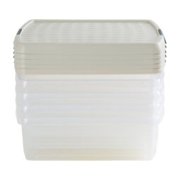 Wham Clip 5x 13.2L Square Plastic Storage Boxes with Secure Clip Lock Lids. L:39.5 x W:39.5 x H:12cm Clear/Green Milieu/Stone