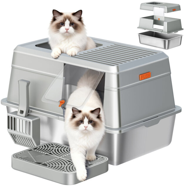 Stainless Steel Cat Litter Tray with Lid, XXL Metal Cat Litter Tray, with Foot Step and Scoop, Easy Clean, Dual Entry, Removable, 60L x 40W x 38H cm