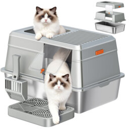 Stainless Steel Cat Litter Tray with Lid, XXL Metal Cat Litter Tray, with Foot Step and Scoop, Easy Clean, Dual Entry, Removable, 60L x 40W x 38H cm