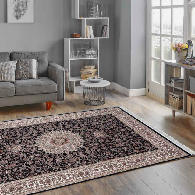Minyatur Navy & White Medallion Area Rug – Traditional Low-Pile Woven Viscose Carpet for Living Room, Bedroom & Entryway