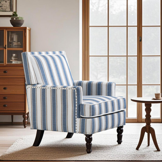 Upholstered Accent Chair, Vintage Armchair With Striped Linen Fabric And Nailhead Trim For Living Room