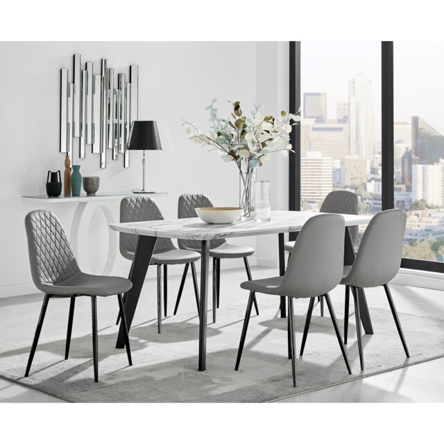 Anders Modern High Gloss Marble Effect Dining Table Set with 6 Luxury Faux Leather Dining Chairs