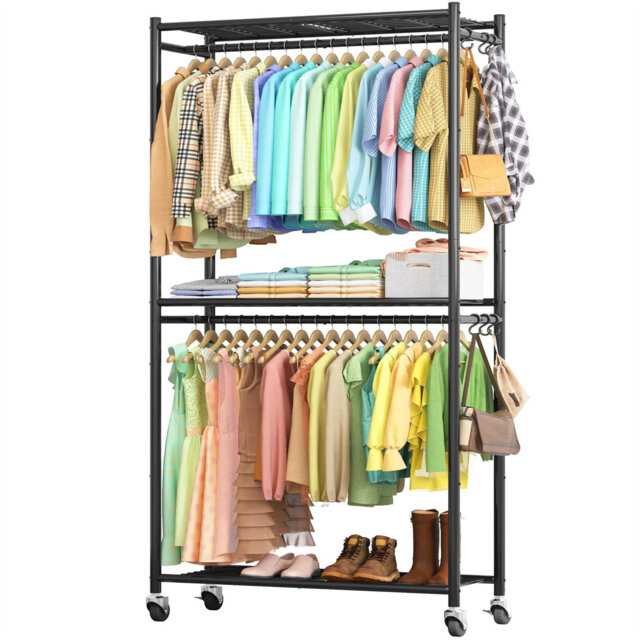 Clothes Rack With Shelves & Wheels, Multi-Functional Clothing Rail With Hooks, Sturdy Metal Garment Rack For Bedroom, Laundry, Balcony