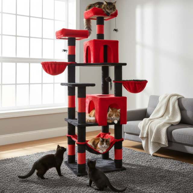 LIKISAK Cat Tree, 70 Inch Cat Tower for Indoor Cats, Multi-Level Cat Tree with Scratching Post, Hammock, Hanging Basket, Large Cat Condos for Adult Ca