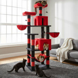 LIKISAK Cat Tree, 70 Inch Cat Tower for Indoor Cats, Multi-Level Cat Tree with Scratching Post, Hammock, Hanging Basket, Large Cat Condos for Adult Ca
