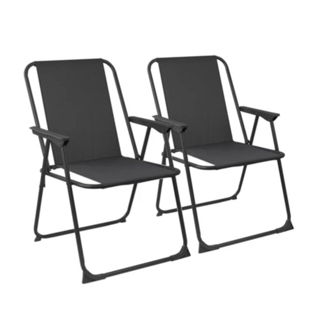 Set Of 2 Black Folding Metal Garden Armchairs – Low, Portable Camping & Beach Chairs