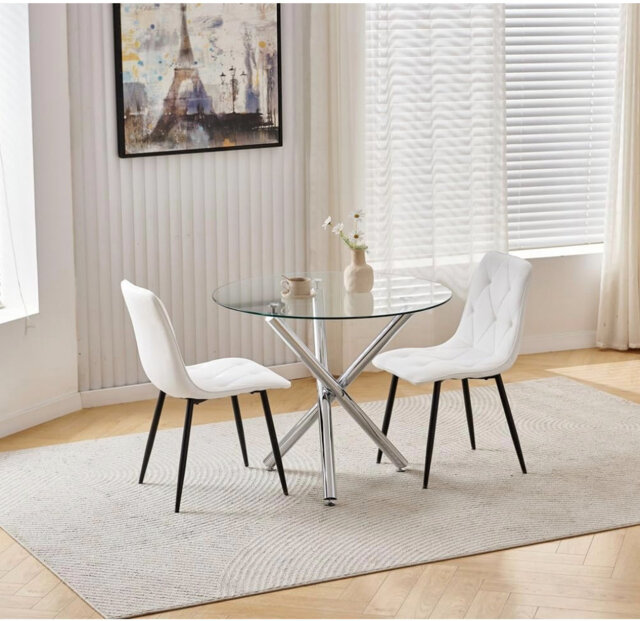 Round Glass Dining Table and White Leather Chairs Set of 2 for Small Space,3 Pieces Modern 90cm Kitchen Table with 2 Chairs for Compact Dinette Restau