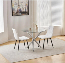 Round Glass Dining Table and White Leather Chairs Set of 2 for Small Space,3 Pieces Modern 90cm Kitchen Table with 2 Chairs for Compact Dinette Restau
