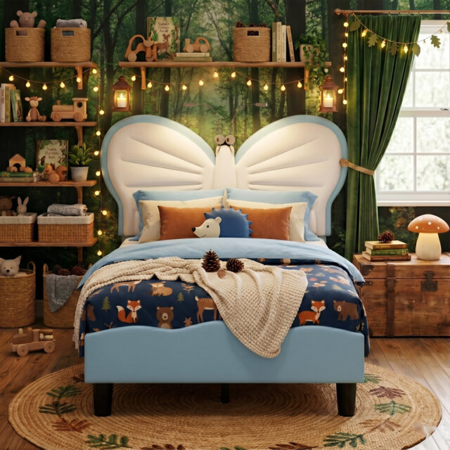 Kids Upholstery Butterfly Bed, Mixed Velvet & PU Leather Headboard With LED Antennae Lights & Adjustable Height, UK & EU Single (90X190/200cm)