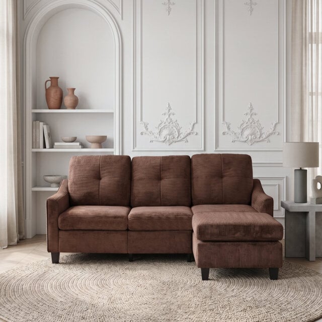 Convertible L-Shaped Sectional Sofa, 196cm 3-Seater Corner Couch with Movable Footstool