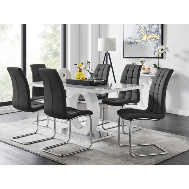 Scottsmoor Modern High Gloss & Glass Dining Table Set - 6 Upholstered Faux Leather Dining Chairs