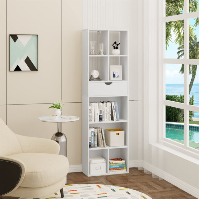 White Bookcase with Drawer, Free Standing Shelf, Office Shelf and Room Divider