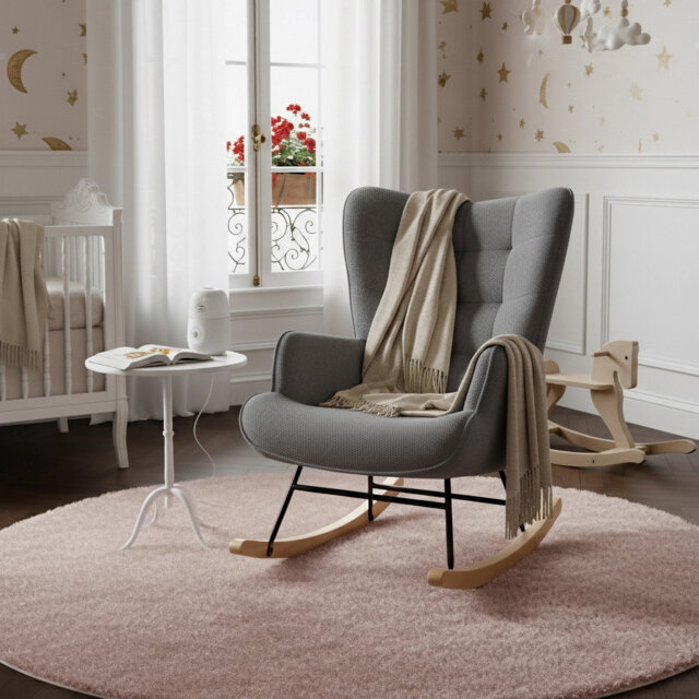 Tufted Rocking Chair, Modern Scandinavian Bouclé Accent Chair with Solid Wood Runners, Beige/Light Grey/Dark Grey/Pink