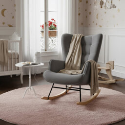 Tufted Rocking Chair, Modern Scandinavian Bouclé Accent Chair with Solid Wood Runners, Beige/Light Grey/Dark Grey/Pink