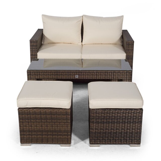 Villatoro Brown Rattan 2 Seat Sofa With 2 Stool Coffee Table, Outdoor Patio Garden Furniture
