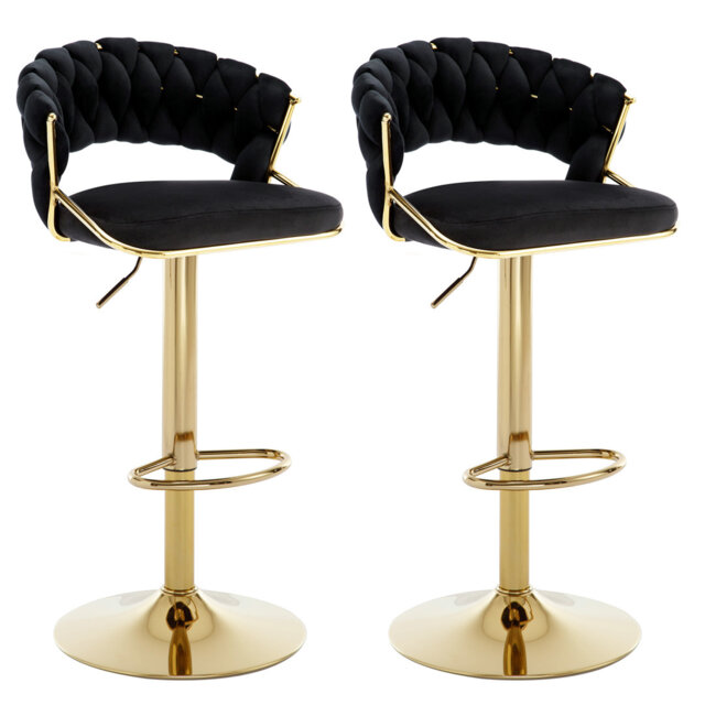 Adjustable Velvet Gold Bar Stools with Woven Open Back for Kitchen Island