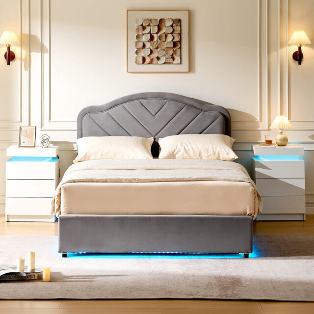 Bed Frame with Velvet Headboard, Smart Adjustable LED Light, Metal Ottoman Bed Frame With Wooden Slat Support, Gas Lift Under Bed Storage