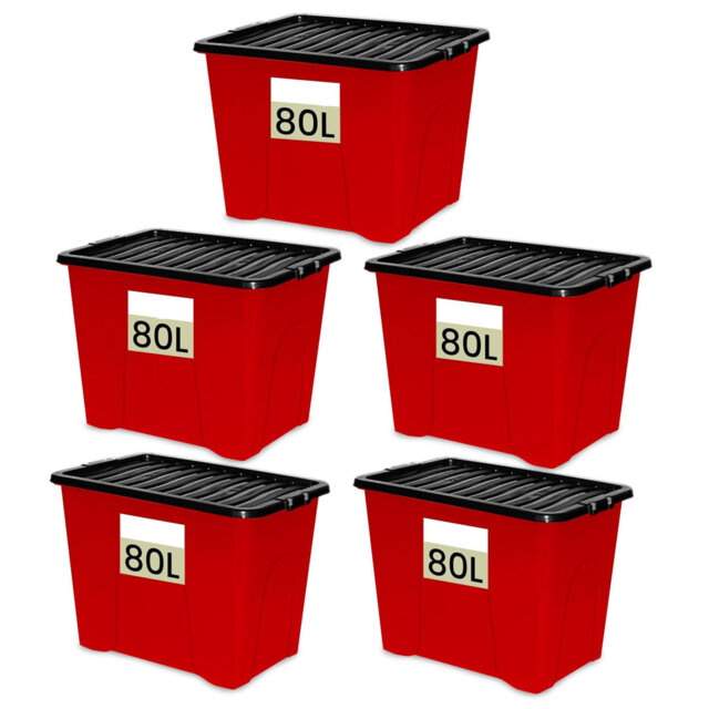 80L Storage Boxes With Lids Lid Ideal For Office Organisation, Durable, Space-Saving Plastic Box For Bedroom, Garage & Office Use Pack Of 5