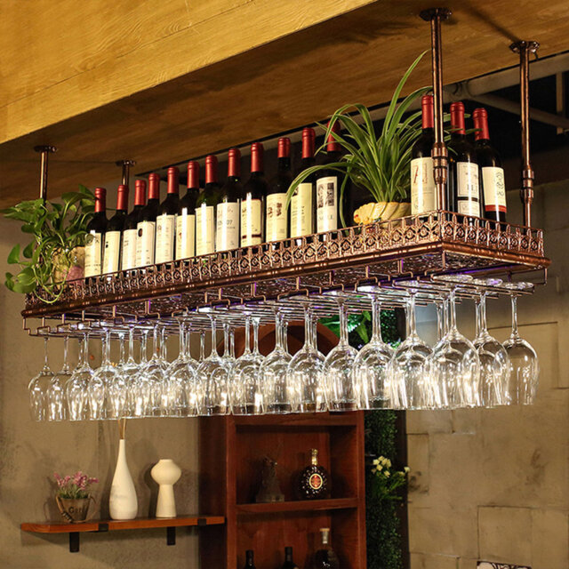 Hanging Wine Bottle & Glass Rack Brown