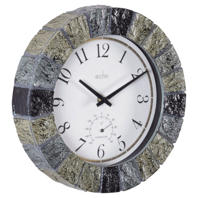 Acctim Bowfell Wall Clock Outdoor & Indoor Use Weatherproof Quartz Thermometer Slate 26cm