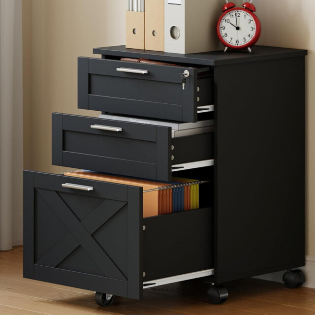 3-Drawer File Cabinet with Lock, Mobile Under Desk Filing Cabinet for Home Office, Wood Storage Organizer for Letter/a4/Legal Size Documents